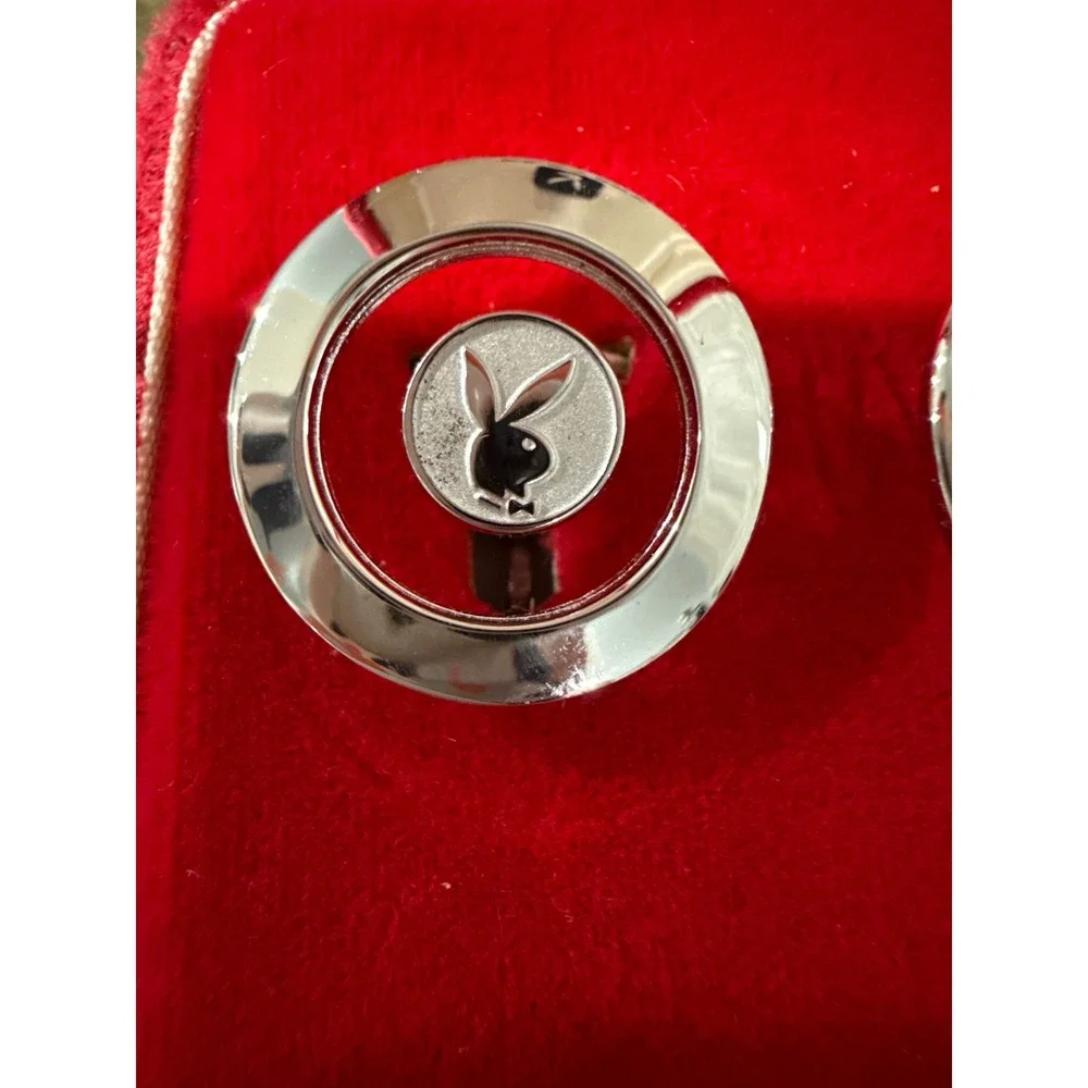 Playboy Vintage 60s Silver Tone Bunny Logo Cufflinks w/ Original Red Velvet Box